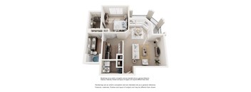 A white floor plan of a house with a kitchen, living room, and bedrooms.