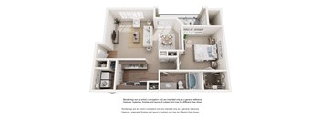 A floor plan of a small apartment with a kitchen, living room, and bathroom.