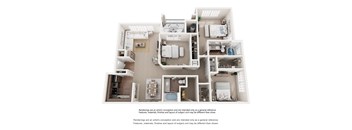 A floor plan of a multi-bedroom apartment with a kitchen, living room, and bathrooms.