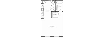 A floor plan for a small apartment with a kitchen, bathroom, and living room.