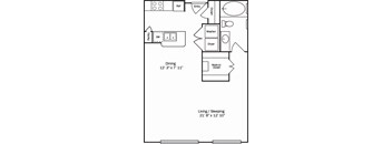 A floor plan of a small apartment with a living area, a dining area, a kitchen, and a bathroom.