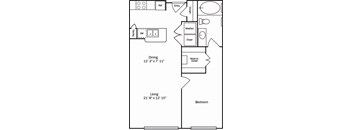A floor plan of a small apartment with a living room, dining room, kitchen, and bedroom.