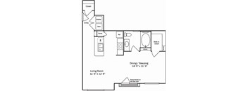 A floor plan of a small apartment with a living room, kitchen, and bathroom.