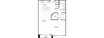 A floor plan of a small apartment with a kitchen, living room, and bathroom.