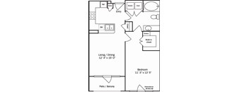 A floor plan of a small apartment with a living room, dining room, bedroom, and bathroom.
