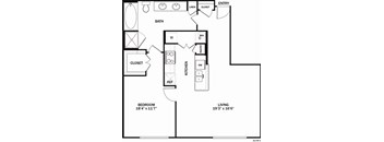 A drawing of a floor plan for a living area and kitchen.