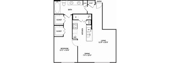 A black and white drawing of a house plan with a living room, dining room, kitchen, and bathroom.