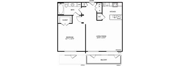 A black and white floor plan of a home with a living room, dining room, kitchen, and bath.