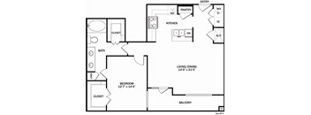 A floor plan of a home with a living room, dining room, kitchen, and bath.