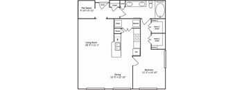 A floor plan of a house with a living room, dining room, kitchen, and bedroom.
