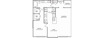 A floor plan of a house with a living room, dining room, bedroom, and kitchen.