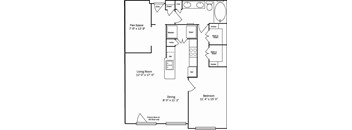 A floor plan of a small apartment with a living room, bedroom, and flex space.