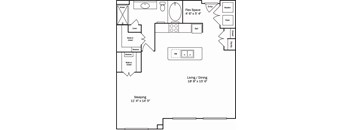 A floor plan of a small apartment with a sleeping area, a living/dining area, and a kitchen.