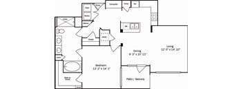 A floor plan of a living space with a bedroom, bathroom, and kitchen.