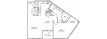 A floor plan of a house with a living room, dining room, kitchen, and bathroom.