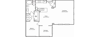 A floor plan of a home with a living room, dining room, bedroom, and bathroom.