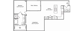 A floor plan of a home showing a living room, dining room, kitchen, and two bedrooms.