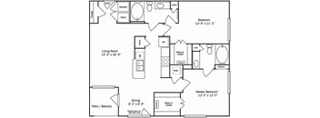 A floor plan of a home with a living room, dining room, kitchen, and three bedrooms.