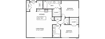 A floor plan of a home with a living/dining area, kitchen, and two bedrooms.
