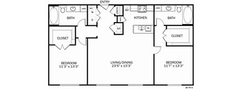 A floor plan of a two bedroom apartment with a living/dining area.