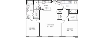 A floor plan of a living/dining area with two bedrooms and a kitchen.