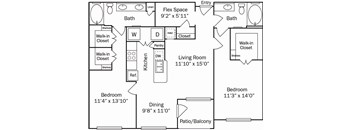 A floor plan of a house with a living room, two bedrooms, a patio, and a flex space.