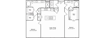 A floor plan of a home with a living room, dining room, two bedrooms, and a laundry area.
