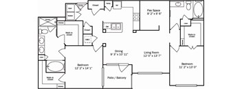 A floor plan of a house with two bedrooms, a living room, a dining room, a kitchen, a bathroom, a closet, a pantry, a wine cellar, a utility room, and a laundry room