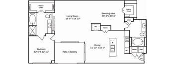 A floor plan of a home with a living room, dining room, kitchen, and bathrooms.