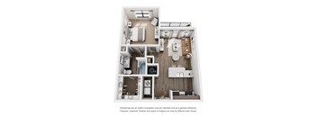 A floor plan of a small apartment with a kitchen, living room, and bathroom.