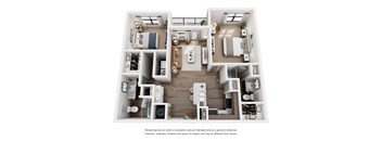 A 3D floor plan of a house with a kitchen, living room, and bedrooms.
