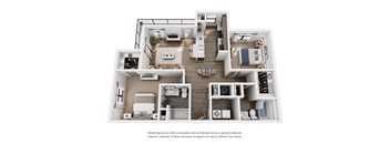 A 3D rendered image of a house layout.