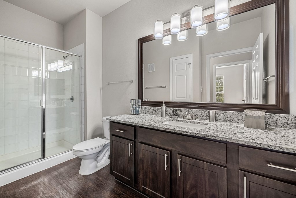 a bathroom with a large mirror and a toilet