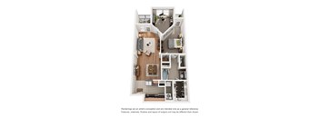 A floor plan of a small apartment with a kitchen, living room, and bathroom.