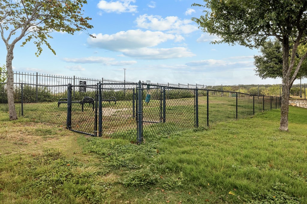 a chain link fence with a gate in the middle of a grassy field