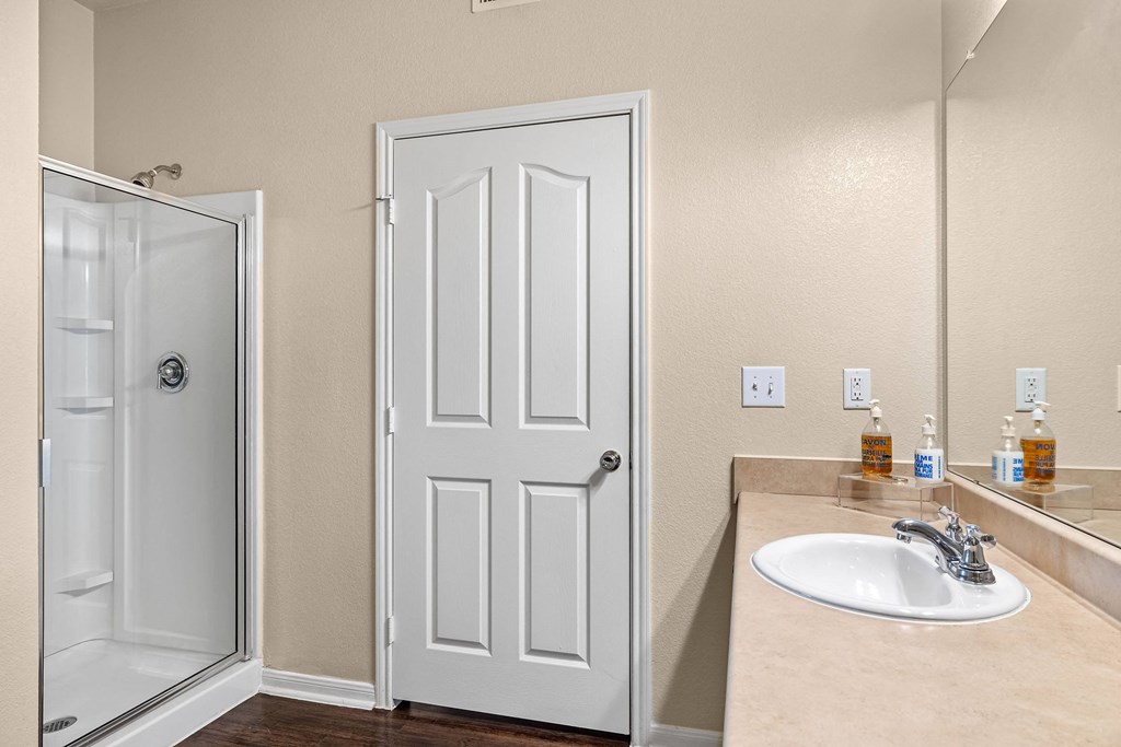 a bathroom with a sink and a shower