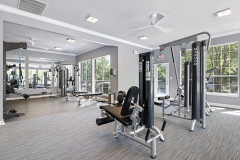 A gym with a variety of equipment including a leg press machine.