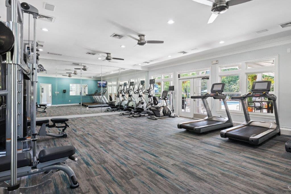 the gym is equipped with cardio equipment and weights