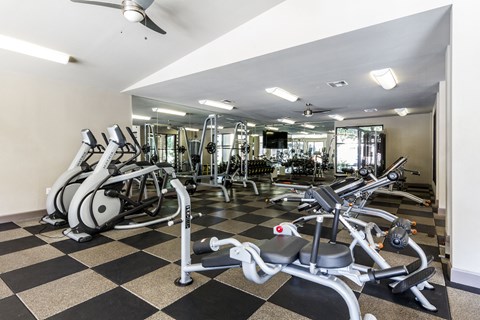 A gym with a variety of exercise equipment including treadmills, stationary bikes, and weight machines.