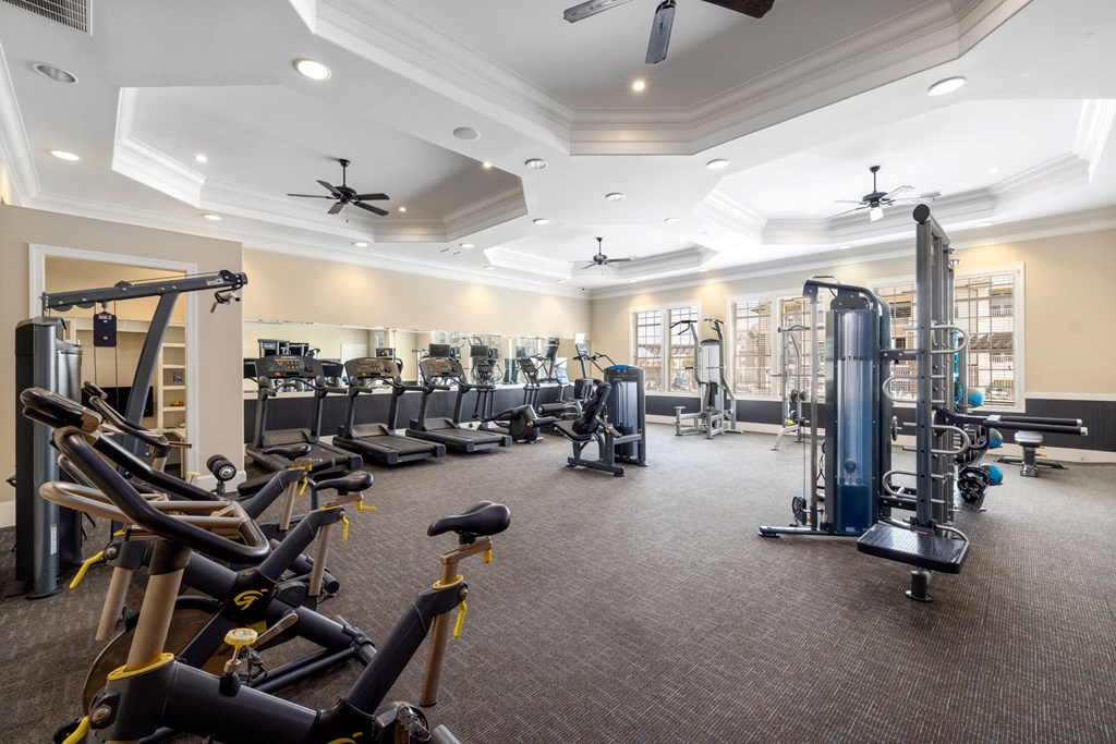 a gym with cardio equipment and weights on the floor