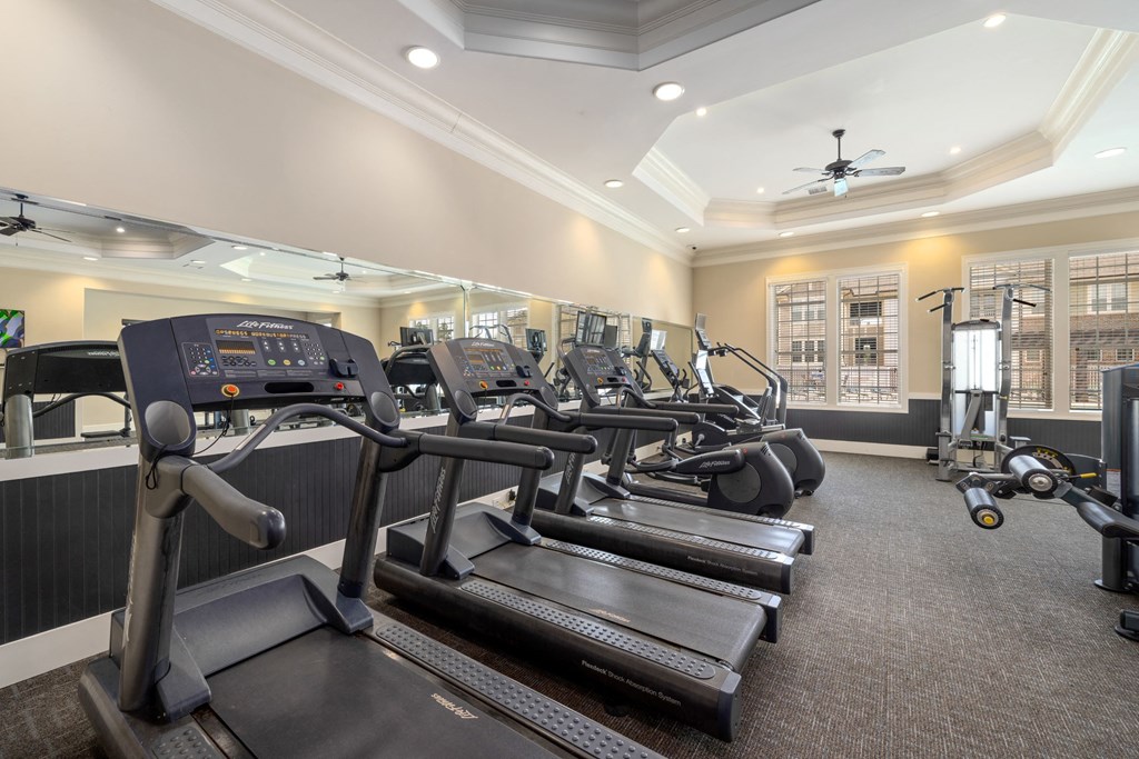 a gym with treadmills and other exercise equipment