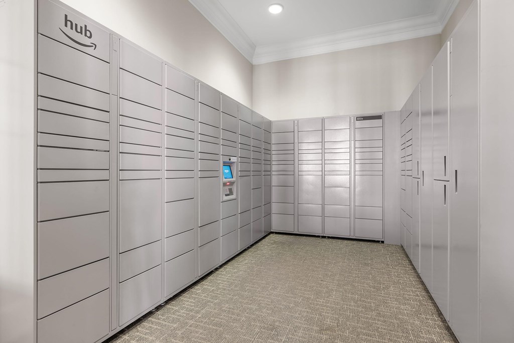 A row of lockers with the word Hub on the top left.