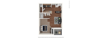 A floor plan of a small apartment with a kitchen, living room, and bathroom.