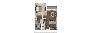 A floor plan of a small apartment with a kitchen, living room, and bathroom.