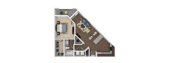 A top-down view of a house layout with a living room, kitchen, and bathroom.