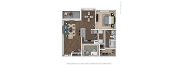 A floor plan of a small apartment with a kitchen, living room, and bathroom.
