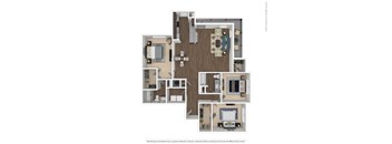 A floor plan of a house with a kitchen, living room, and two bedrooms.
