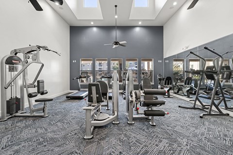 A spacious gym with a variety of equipment including treadmills, weight machines, and a rowing machine.