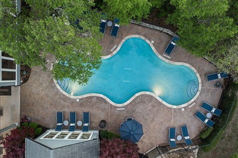 Resort style pool with lounge seating.