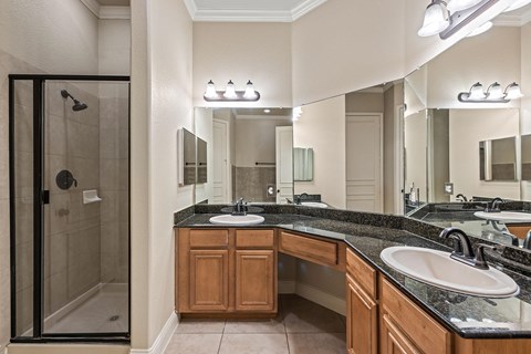 Spacious primary bathroom with granite countertop
